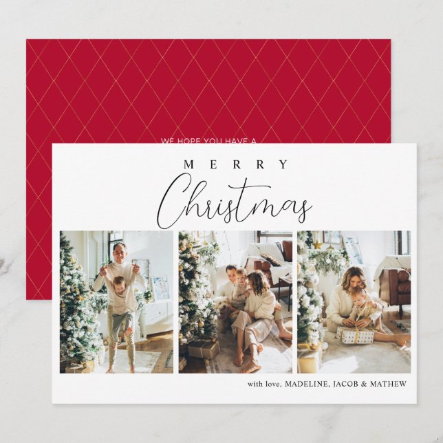 Simple Minimalist Red Photo Collage Christmas Holiday Card (Front/Back)