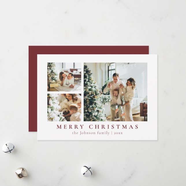 Simple Minimalist Red Typography Photo Christmas Holiday Card (Front/Back In Situ)