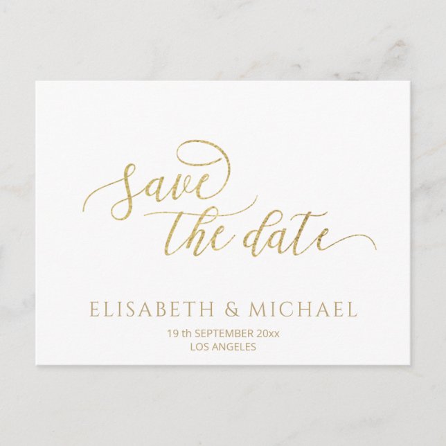 Simple minimalist romantic gold foil calligraphy announcement postcard (Front)