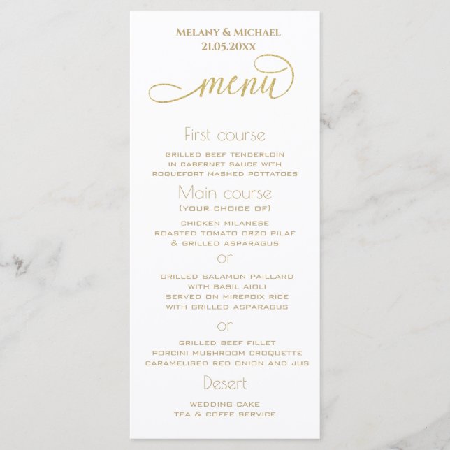 Simple minimalist romantic gold foil calligraphy menu (Front)