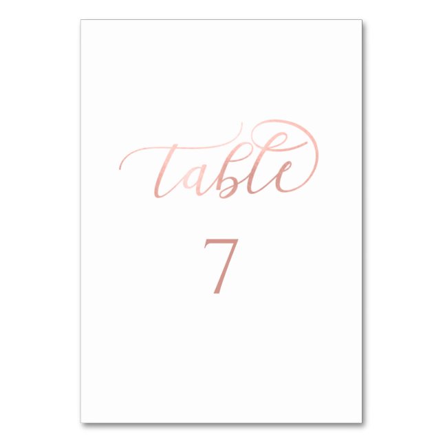 Simple minimalist romantic rose gold calligraphy table number (Front)
