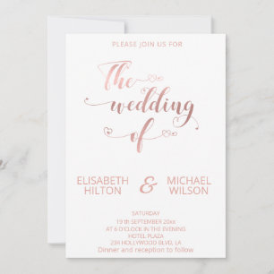 Simple minimalist  rose gold calligraphy hearts invitation
