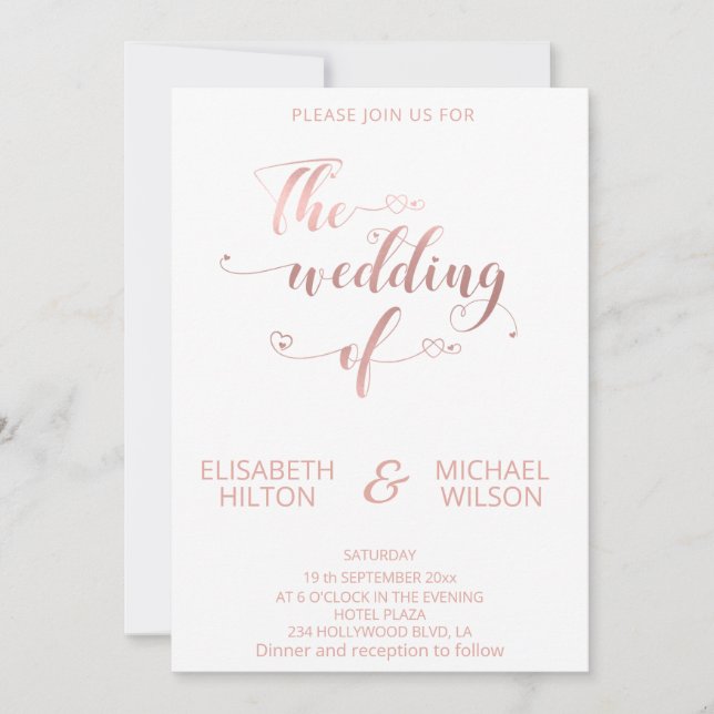 Simple minimalist  rose gold calligraphy hearts invitation (Front)