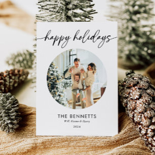 Simple Minimalist Round Photo Happy Holidays Holiday Card