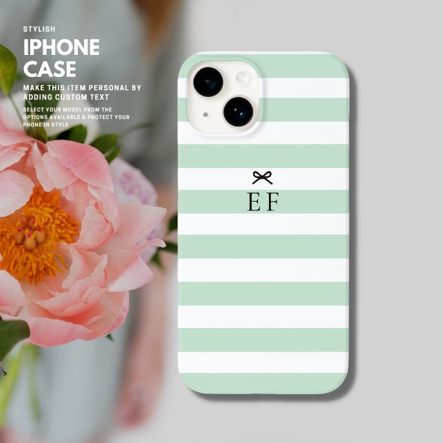 Simple Minimalist Sage Green Stripe Bow Monogram iPhone Case (Creator Uploaded)