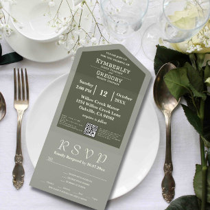 Simple Minimalist Sage Olive Green Ivory QR Code All In One Invitation