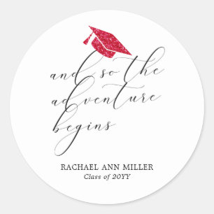 Simple Minimalist Script Adventure Begins Red Hat  Classic Round Sticker