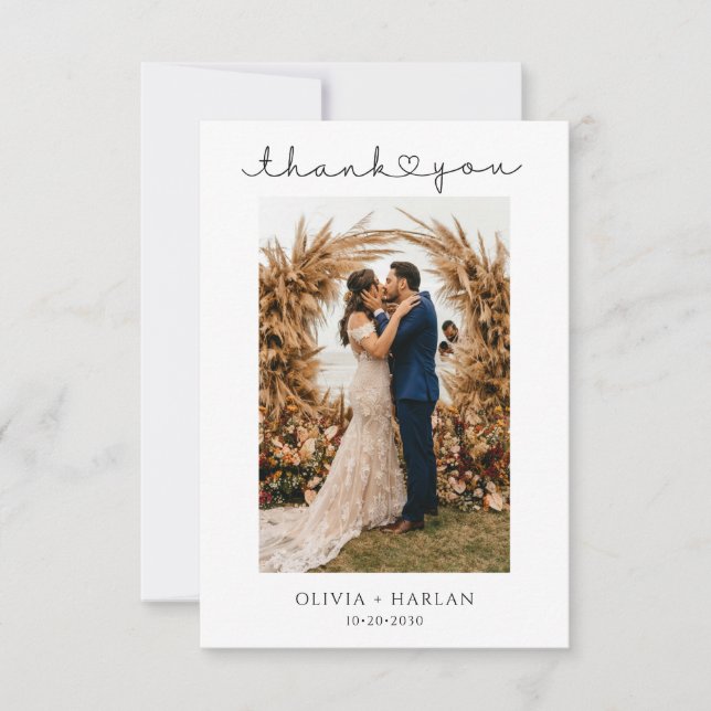 Simple Minimalist Script And Heart Wedding Photos Thank You Card (Front)