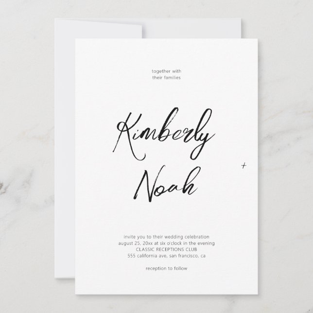 Simple minimalist script black and white wedding invitation (Front)