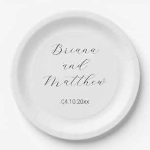 Simple Minimalist Script Calligraphy White Wedding Paper Plate