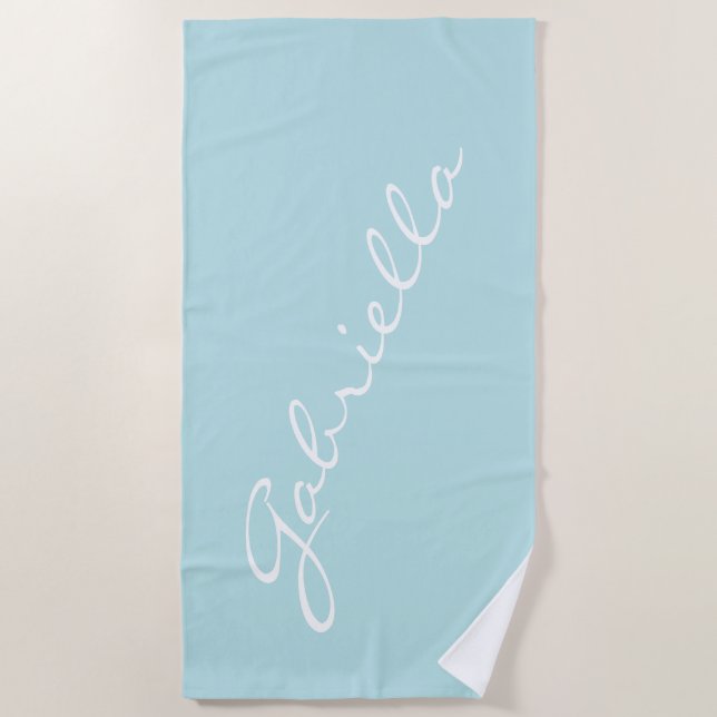 Simple Minimalist Script Name Pastel Aqua Custom Beach Towel (Front)
