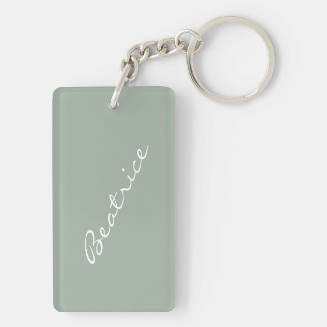 Simple Minimalist Script Name Sage Green Custom  Key Ring (Back)