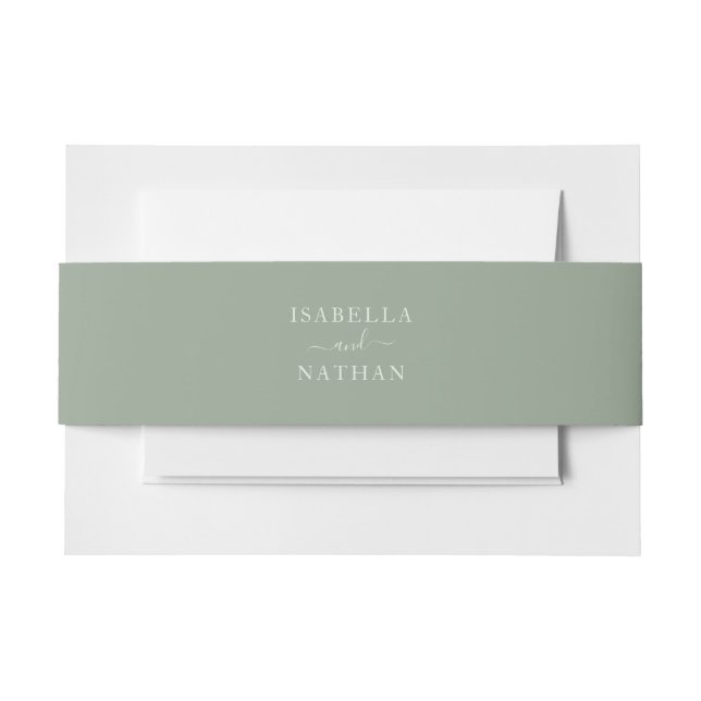 Simple Minimalist Script Sage Green Wedding Invitation Belly Band (Front Example)