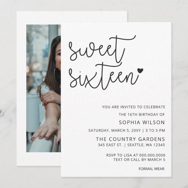 Simple Minimalist Script Sweet 16 Birthday Photo I Invitation (Front/Back)