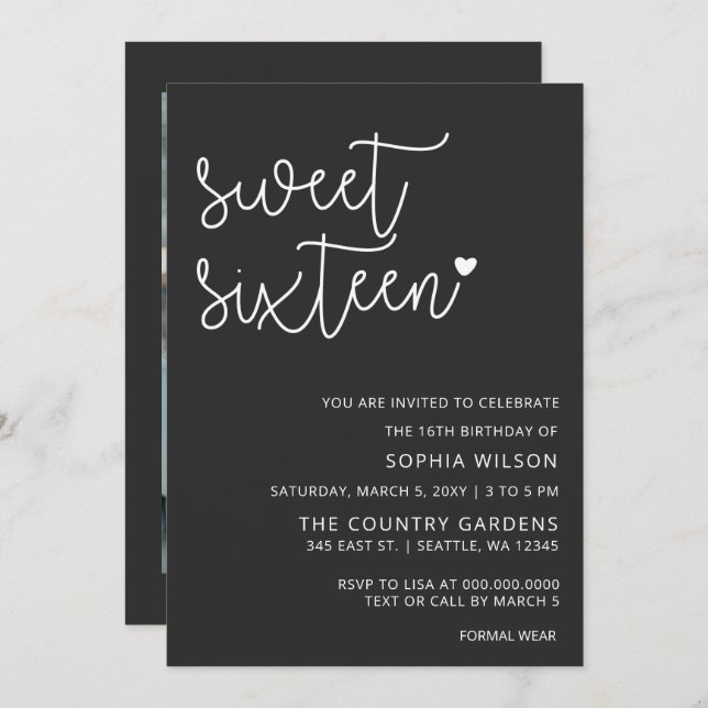 Simple Minimalist Script Sweet 16 Birthday Photo I Invitation (Front/Back)