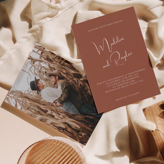Simple Minimalist Script Terracotta Photo Wedding Invitation (Creator Uploaded)