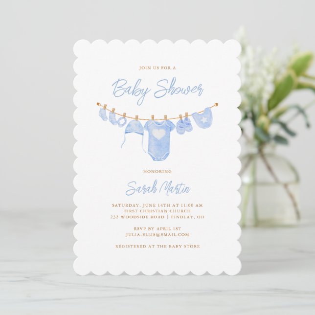 Simple Minimalist Sky Blue Scalloped Baby Shower Invitation (Standing Front)