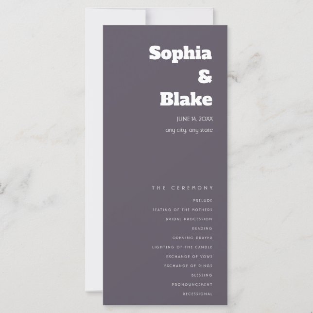 Simple Minimalist Smoke Grey Wedding Program (Front)