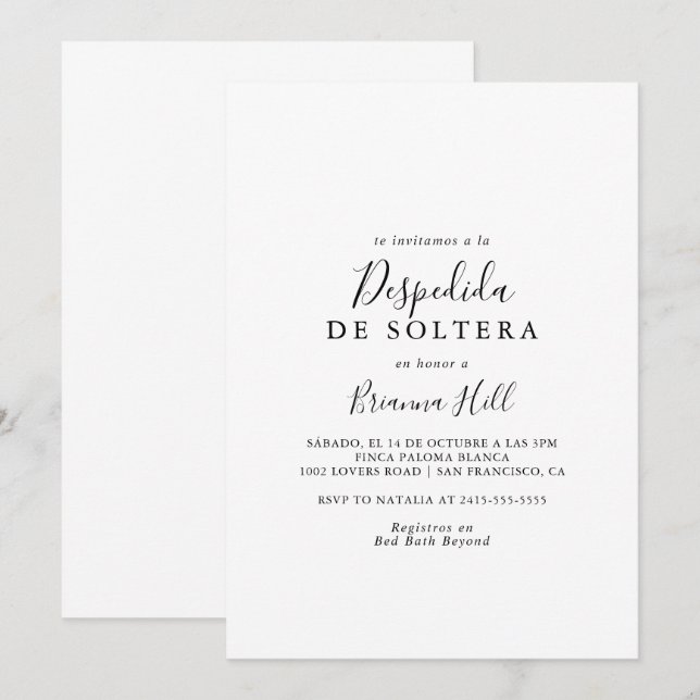 Simple Minimalist Spanish Bridal Shower Invitation (Front/Back)