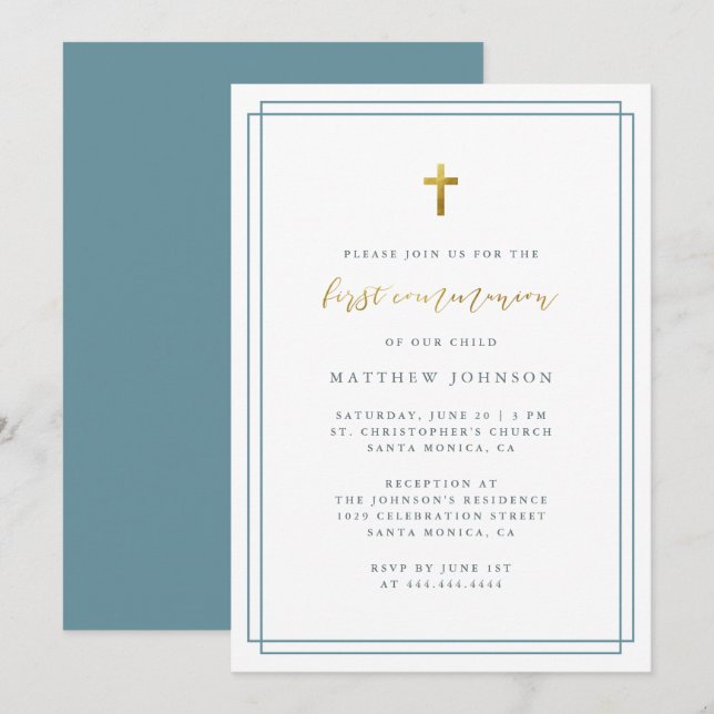 Simple Minimalist Typography Blue First Communion Invitation (Front/Back)