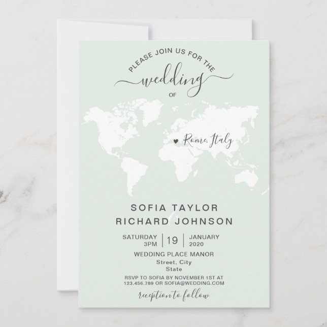 Simple Minimalist Wedding Destination World Map  I Invitation (Front)