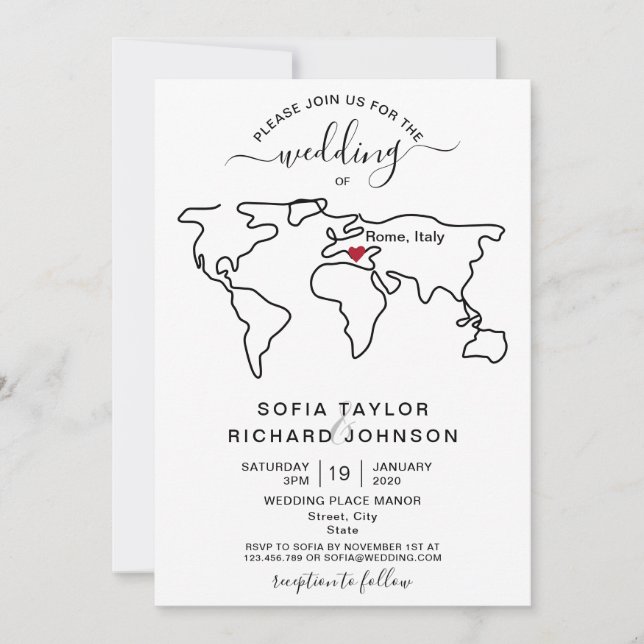 Simple Minimalist Wedding Destination World Map In Invitation (Front)