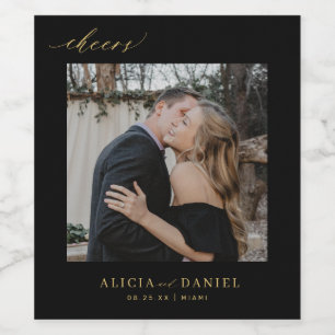 Simple minimalist wedding photo gold black wine label