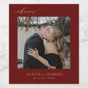 Simple minimalist wedding photo gold burgundy wine label