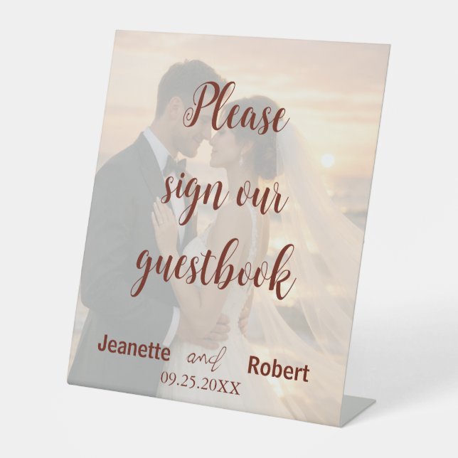 Simple Minimalist Wedding Photo Sunset Beach Pedestal Sign (Front)