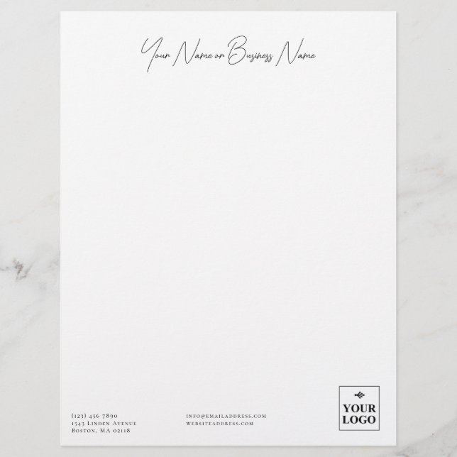 Simple Minimalist White Address Name Logo Custom Letterhead (Front)