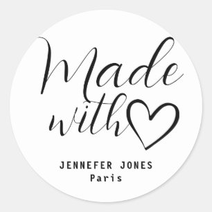 Simple Minimalist White Black Made With Love Heart Classic Round Sticker