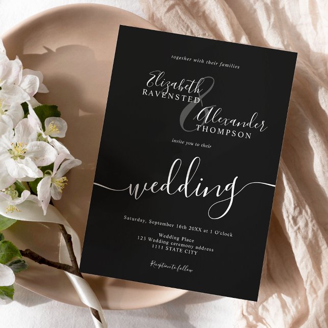 Simple minimalist white black script chic wedding invitation (Creator Uploaded)
