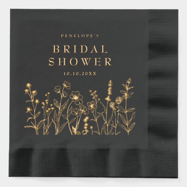 Simple Minimalist  Wildflower Bridal shower Gold Foil Napkins (Front)