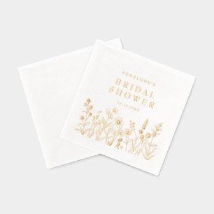 Simple Minimalist  Wildflower Bridal Shower Gold Foil Napkins