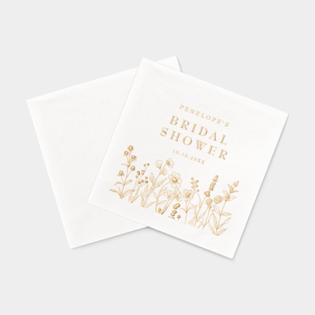 Simple Minimalist  Wildflower Bridal Shower Gold Foil Napkins (Back)