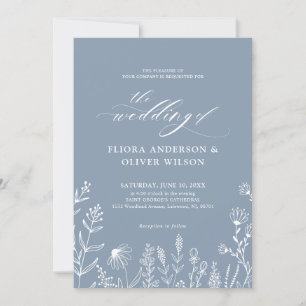 Simple Minimalist Wildflower Dusty Blue Wedding Invitation