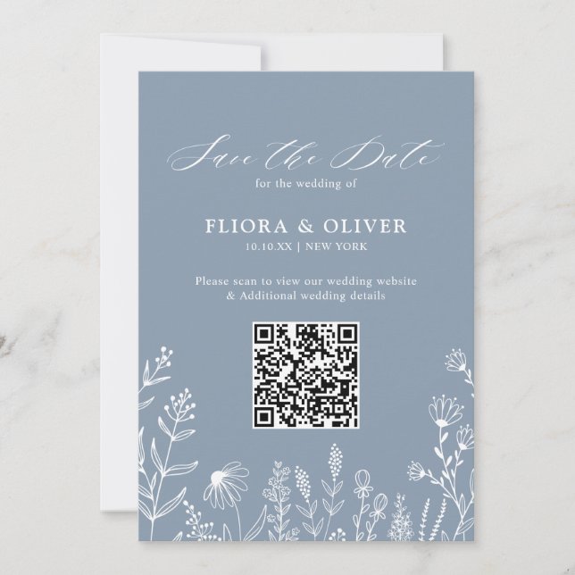 Simple Minimalist Wildflower Dusty Blue Wedding QR Save The Date (Front)