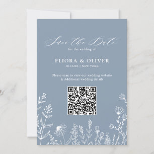 Simple Minimalist Wildflower Dusty Blue Wedding QR Save The Date