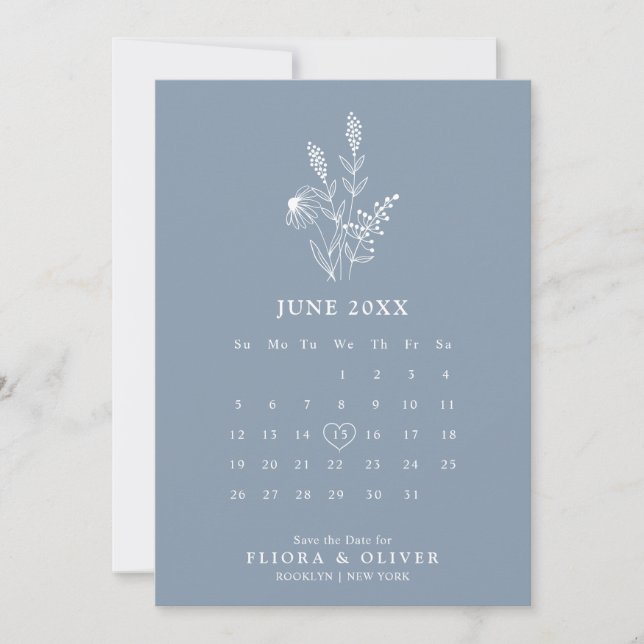 Simple Minimalist Wildflower Dusty Blue Wedding    Save The Date (Front)
