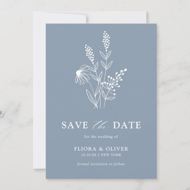 Simple Minimalist Wildflower Dusty Blue Wedding    Save The Date (Front)
