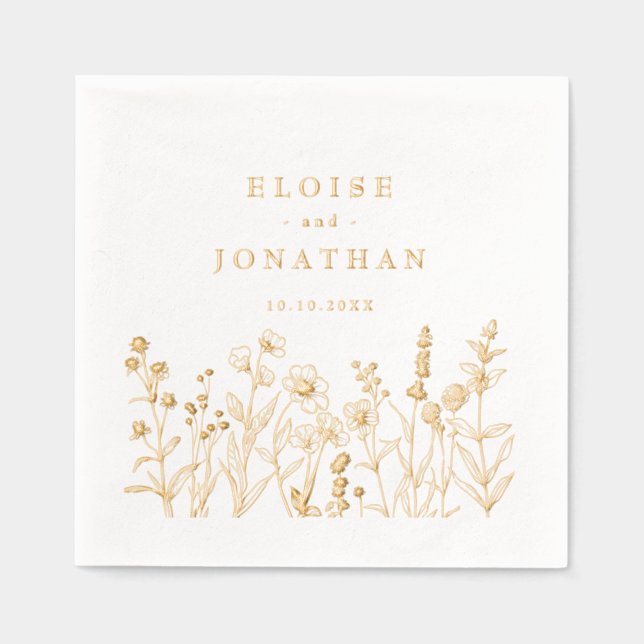Simple Minimalist  Wildflower Wedding Gold Foil Napkins (Front)