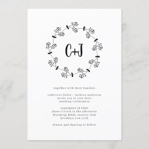 Simple Minimalist Wreath Rustic Monogram Wedding Invitation