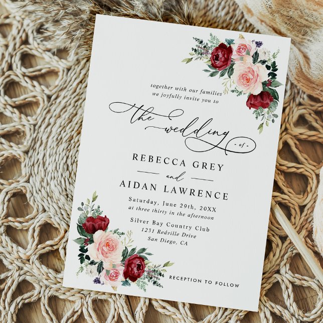 Simple Minimalistic Burgundy Blush Floral Wedding Invitation (Creator Uploaded)