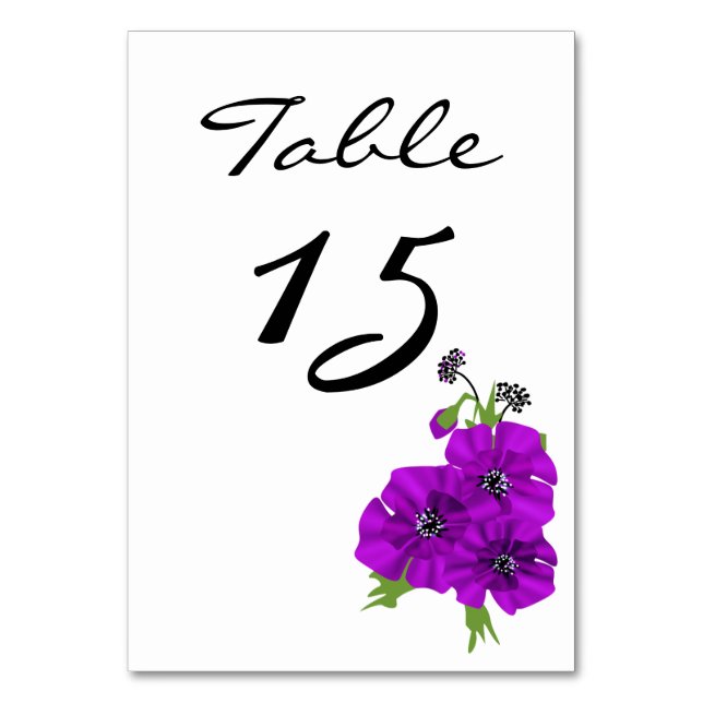 Simple minimalistic floral violet poppies flowers table number (Front)