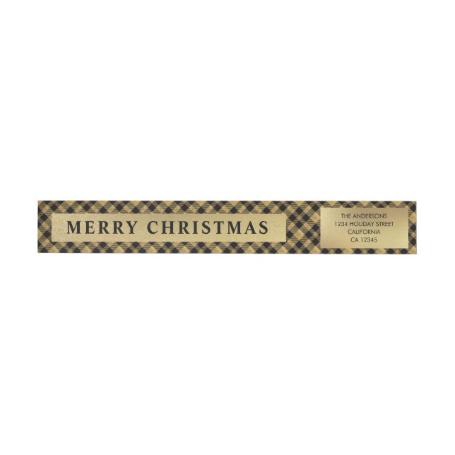 Simple Minimalistic Gold Buffalo Plaid Christmas Wrap Around Label (Individual)