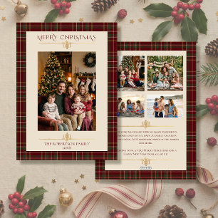 Simple Minimalistic Plaid Christmas 5 Family Photo Holiday Card