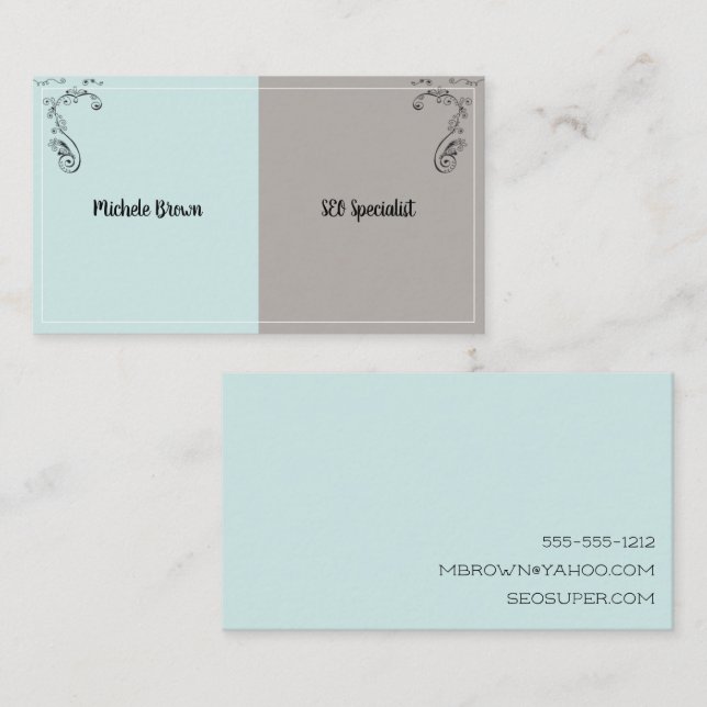 Simple Mint and Grey with Florishes Business Card (Front/Back)