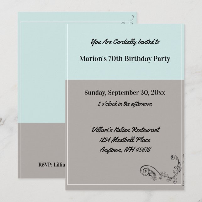 Simple Mint Blue Grey Birthday Party Restaurant Invitation (Front/Back)
