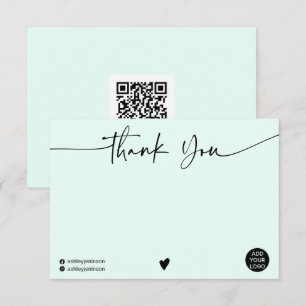 Simple mint green thank you script logo qr code card