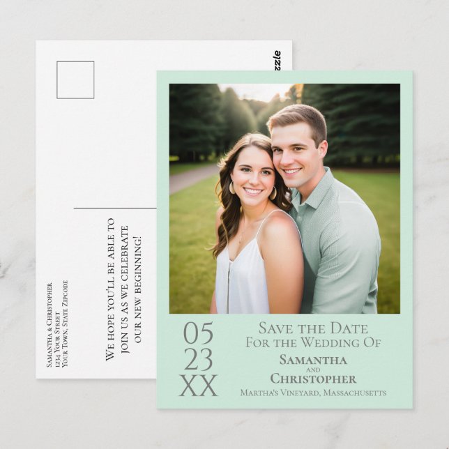 Simple Mint Green Wedding Save the Date Photo Postcard (Front/Back)